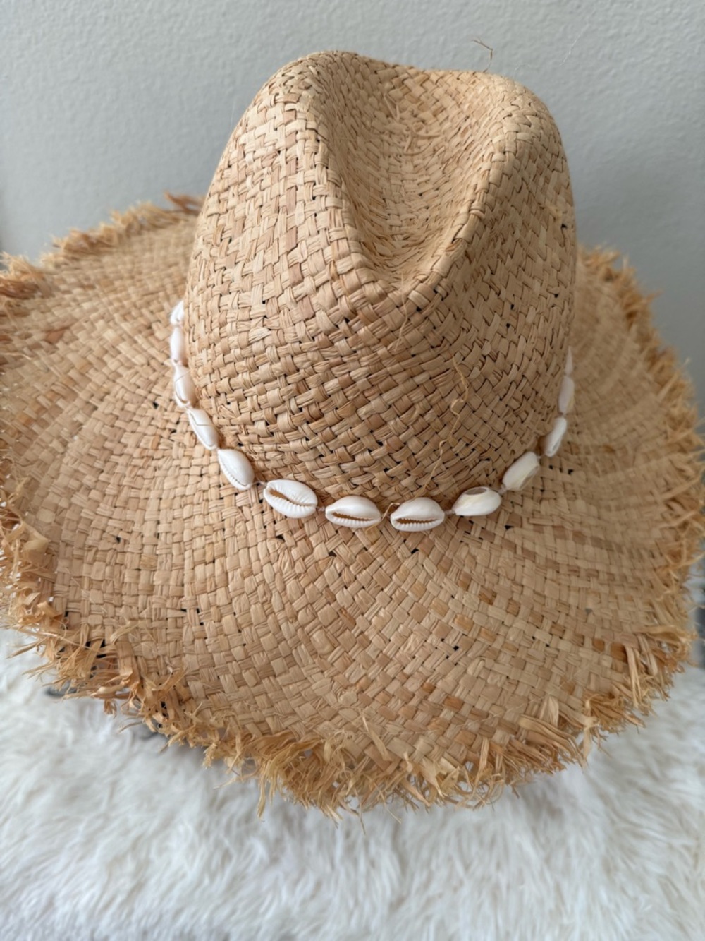 Natural Straw Sun Hat with Shell Trim - Beige